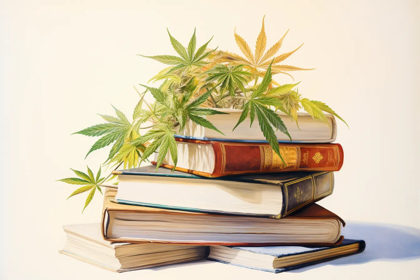 Einige Cannabisblätter zieren einen Stapel Bücher, die aufeinander liegen.